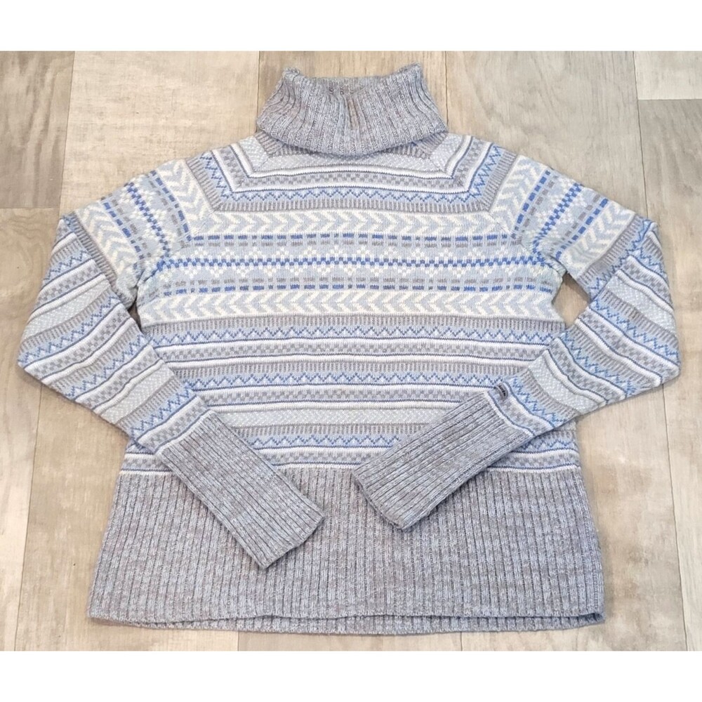Columbia Womens Size L Wool Blend Fair Isle Turtleneck Sweater Blue Gray Outdoor